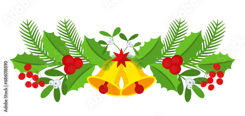 Christmas garland with bells and plant branches, flowers and berries.