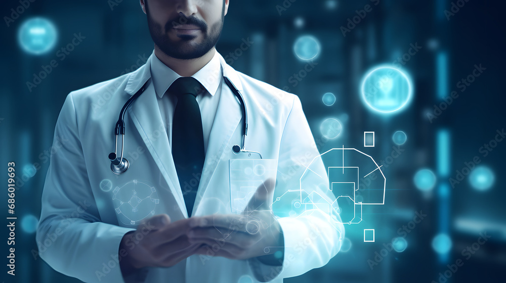 Male medicine doctor hold healthcare medical icons for the Health insurance concept in hospital background. generative ai. Male medicine doctor hold healthcare medical icons for the Health insurance concept in hospital background. generative ai.