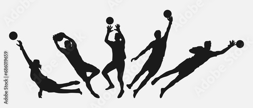 Set of silhouettes of male athlete goalkeeper jumping catching the ball. Football sport. Isolated on white background. Vector illustration.