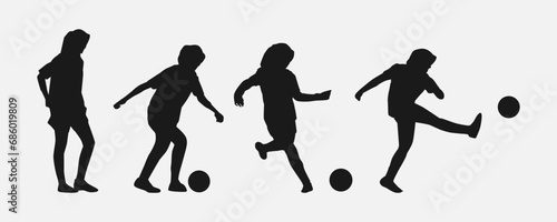 set of silhouettes of female football, soccer athletes wearing hijab standing, preparing to kick, kicking the ball. side view. isolated on white background. graphic vector illustration.