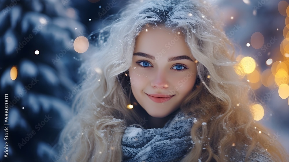 Beautiful blonde hair girl posing in soft snowfall with decorated Christmas tree in the background, holiday atmosphere, background image, AI generated Beautiful blonde hair girl posing in soft snowfall with decorated Christmas tree in the background, holiday atmosphere, background image, AI generated