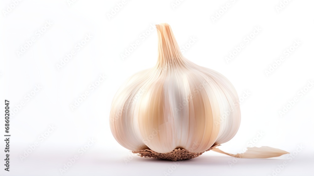 Close-up portrait of garlic against white background with space for text, background image, AI generated