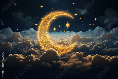 the crescent moon and stars outlined by clouds in the night sky photo