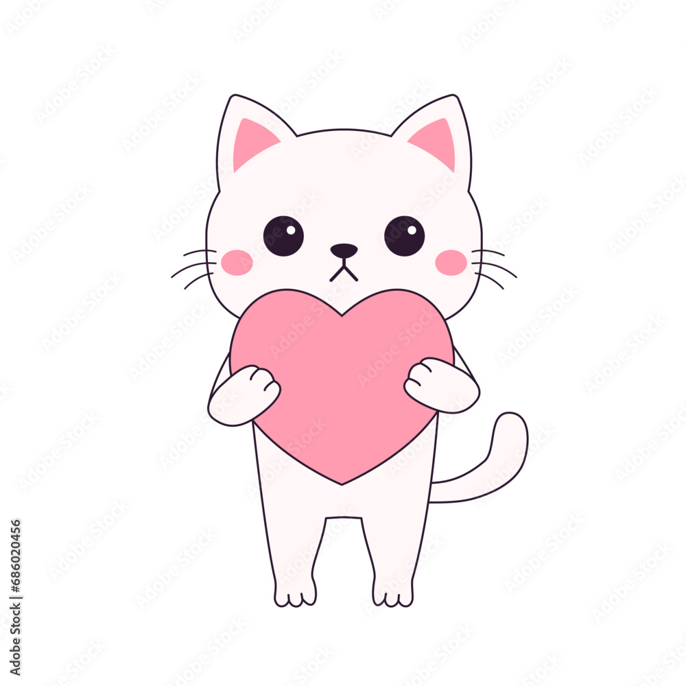 White cat kitten kitty holding pink heart. Funny head face. Contour line doodle. Happy Valentines Day. Cute cartoon kawaii animal character. Flat design. Love card. White background. Isolated. White cat kitten kitty holding pink heart. Funny head face. Contour line doodle. Happy Valentines Day. Cute cartoon kawaii animal character. Flat design. Love card. White background. Isolated.