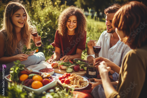 A group of friends having a picnic with healthy food options