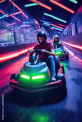 Thrill-seekers competing for the fastest lap at a lively indoor go-kart racing track © piai