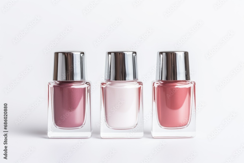 White background with three isolated nail polishes White background with three isolated nail polishes