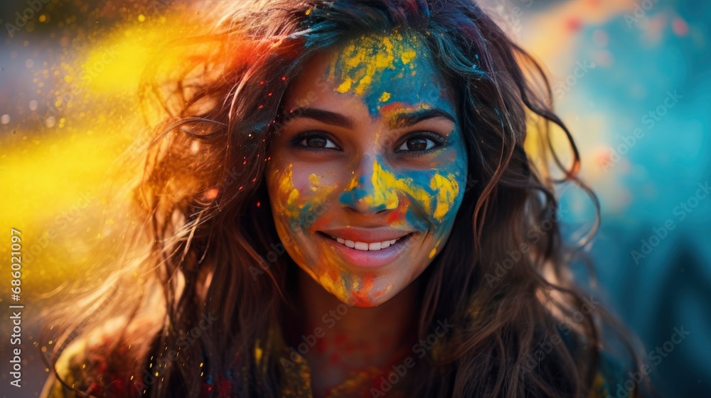 Vibrant Beauty. Holi-Painted Girl Embracing Colorful Revelry.
