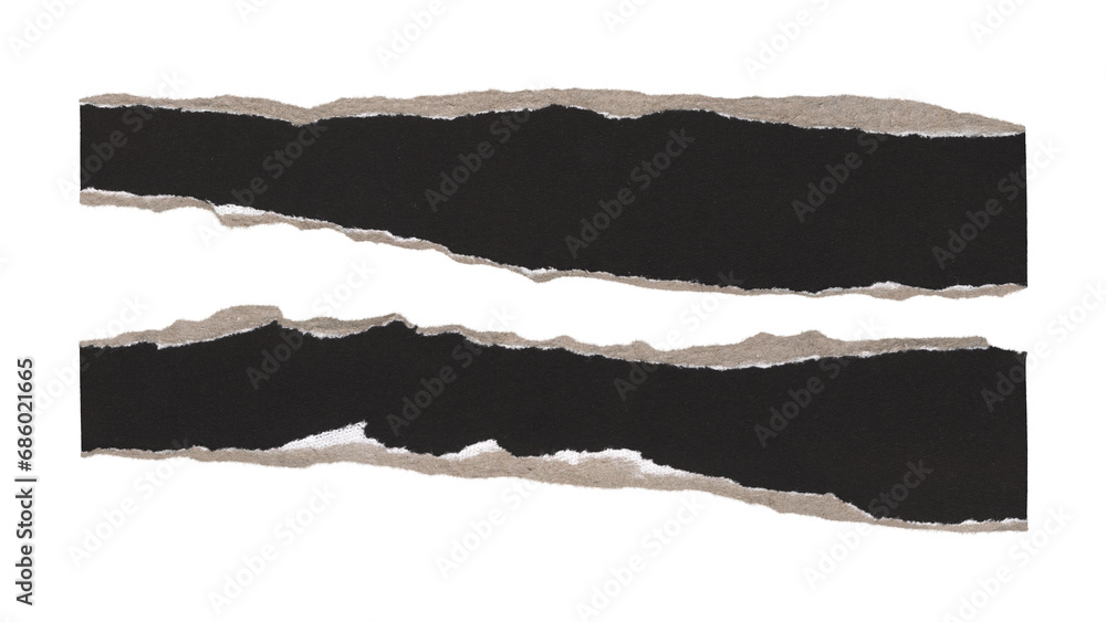 Set of torn and ripped paper stripes, lines with double edges from black paper in Y2K retro style, png isolated pieces on transparent background for text banner, mockups, textures, frame decoration