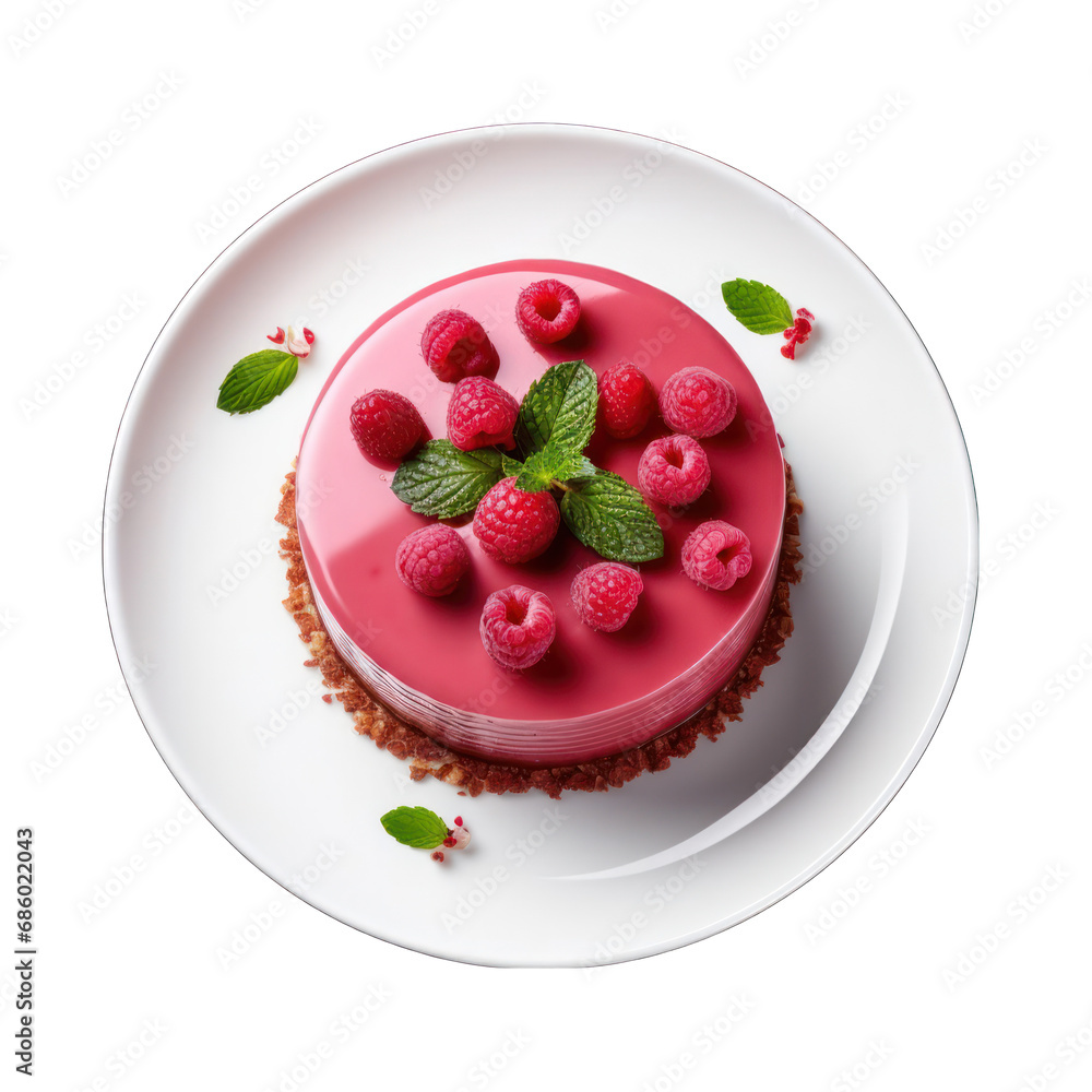 Top View Raspberry Mousse Cake Isolated on Transparent or White Background, PNG