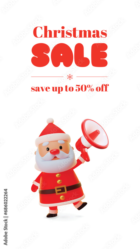Christmas sale banner with a cartoon Santa Claus. 3d winter holiday illustration of a funny Santa Claus holding a megaphone on a white background. Vector 10 EPS. Christmas sale banner with a cartoon Santa Claus. 3d winter holiday illustration of a funny Santa Claus holding a megaphone on a white background. Vector 10 EPS.