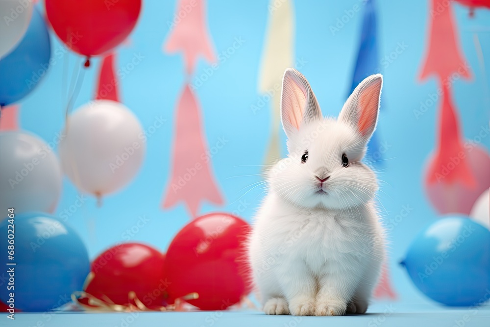 Fototapeta premium Cute, adorable, small, white, fluffy bunny and balloons red, blue.