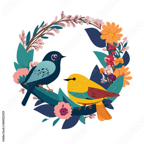 birds on a branch with flowers, birds isolated on white, vector.