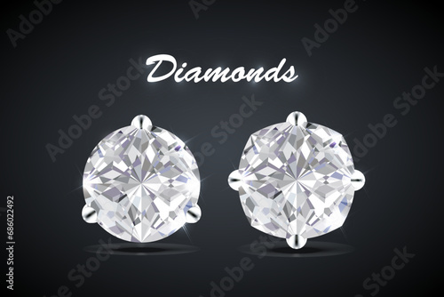 Top view of realist vector illustration of clarity diamonds of most popular cut shape. Round and Cushion shape. Realistic white diamond with light reflections. Vector