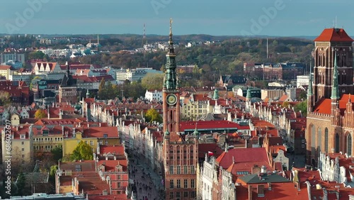 Aerial view of old town in Gdansk, Poland with with Town hall in the middle photo