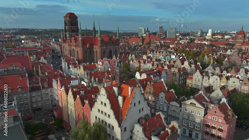 Aerial view of old town, tenements and St. Mary's Church in Gdansk, Poland photo