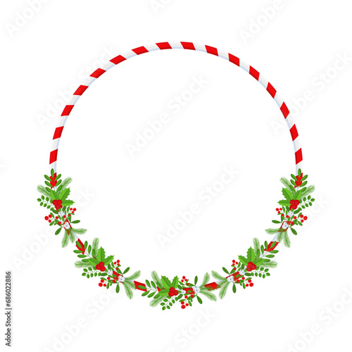 Christmas round floral wreath frame. Traditional winter garland icon