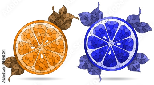 A set of illustrations in the style of stained glass with orange slices, fruit isolated on a white background, tone brown and blue