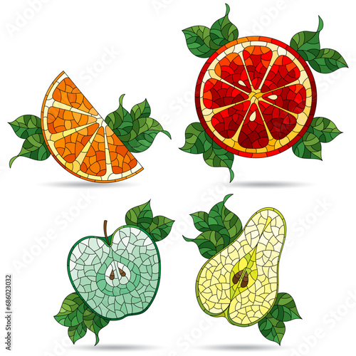 A set of illustrations in the style of stained glass with fruits slices, fruit isolated on a white background