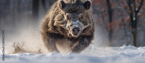 Snow-covered wild boar sprinting.