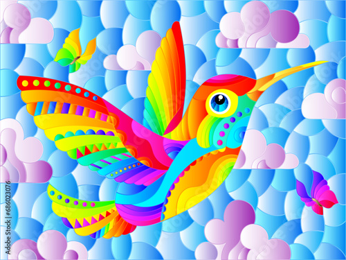 An illustration in the style of a stained glass window with a bright cartoon hummingbird bird on a background of blue sky and clouds