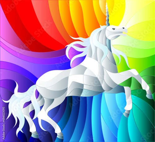 Illustration in stained glass style with abstract white unicorn on a rainbow background