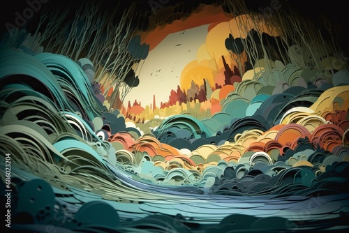 in the style of multidimentional layered paper cut interior of a cave with river , generated by AI photo