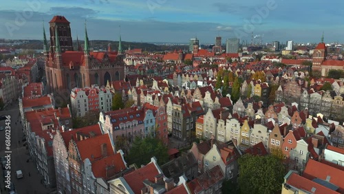 Aerial view of St. Mary's Church and tenements in the old town of Gdansk, Poland photo
