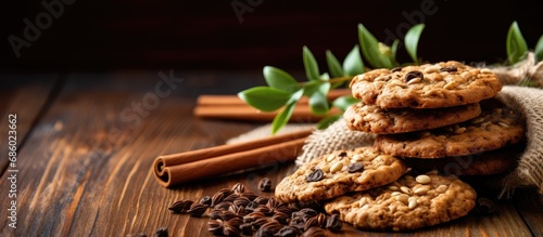 Oatmeal cookies with seeds on a wooden table. photo