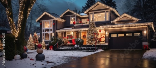 Vancouver house with garage, big tree, and festive Christmas decorations at nighttime in North America, December 2021.