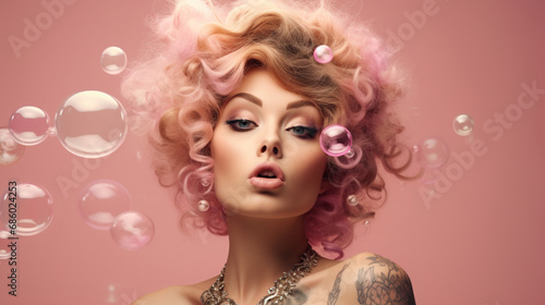 portrait of a woman, Girl on a pink Background, Surrounded by Balloons: A Dreamy Take on Fashion Portrait 