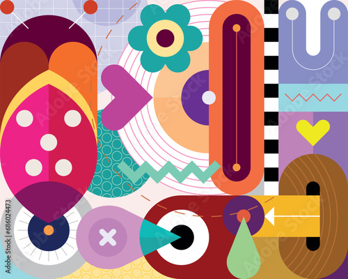 Warm colors abstract vector design with many different shapes and objects.