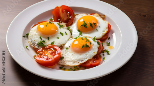 Breakfast with fried eggs and tomatoes