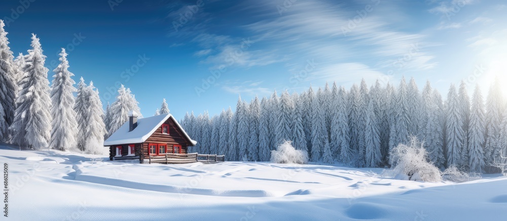 Winter scene of a charming log cabin surrounded by tall trees Winter scene of a charming log cabin surrounded by tall trees