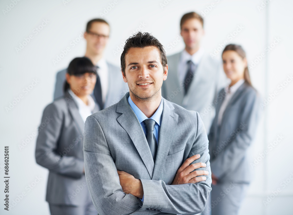 Team leader happiness, arms crossed and business portrait man, lawyer or advocate legal pride, confidence or career experience. Group trust, boss and attorney happy for corporate community management Team leader happiness, arms crossed and business portrait man, lawyer or advocate legal pride, confidence or career experience. Group trust, boss and attorney happy for corporate community management