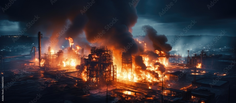 Nighttime aerial perspective of a blazing industrial structure with intense flames and billowing smoke in the atmosphere.