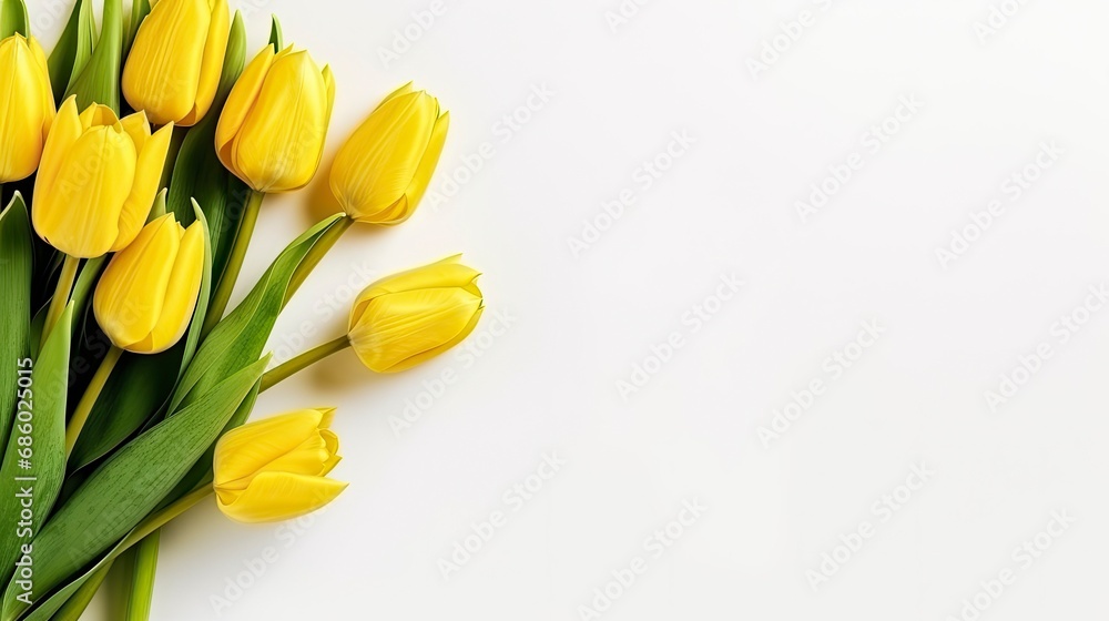 Spring Flower Yellow Tulips on White Background. Valentine's Day, Easter, Birthday, Happy Women's Day, Mother's Day. Flat lay, top view, copy space Spring Flower Yellow Tulips on White Background. Valentine's Day, Easter, Birthday, Happy Women's Day, Mother's Day. Flat lay, top view, copy space