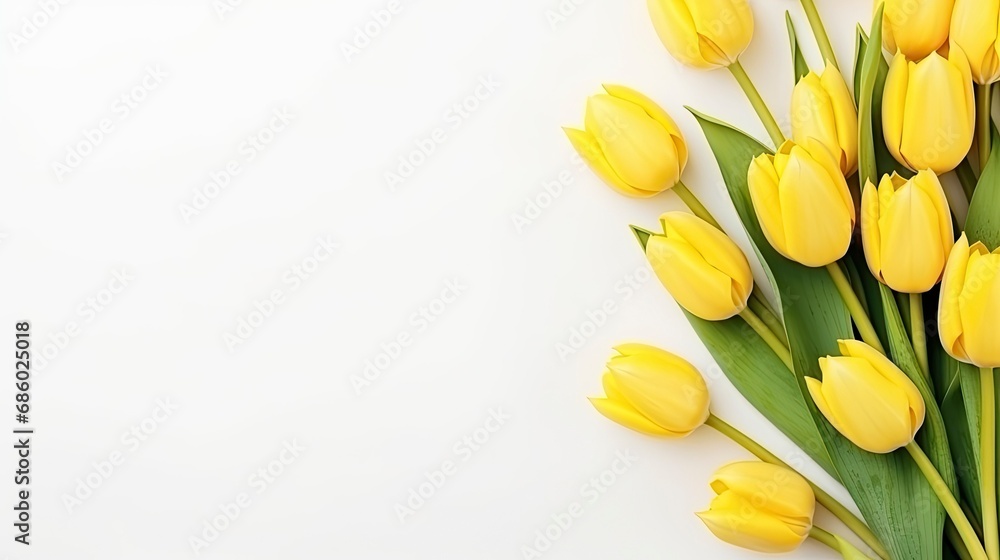 Spring Flower Yellow Tulips on White Background. Valentine's Day, Easter, Birthday, Happy Women's Day, Mother's Day. Flat lay, top view, copy space Spring Flower Yellow Tulips on White Background. Valentine's Day, Easter, Birthday, Happy Women's Day, Mother's Day. Flat lay, top view, copy space
