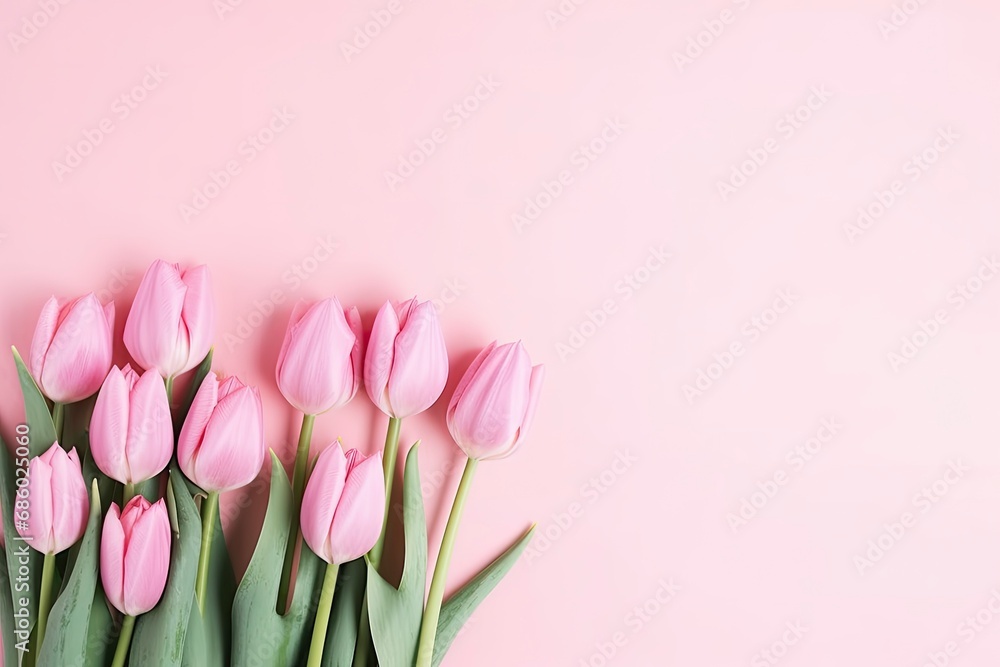 Spring Bloom Delight. Pink Tulips Bouquet on Pastel Pink Background. Valentine's Day, Easter, Birthday, Happy Women's Day, Mother's Day. Flat lay, top view, copy space Spring Bloom Delight. Pink Tulips Bouquet on Pastel Pink Background. Valentine's Day, Easter, Birthday, Happy Women's Day, Mother's Day. Flat lay, top view, copy space