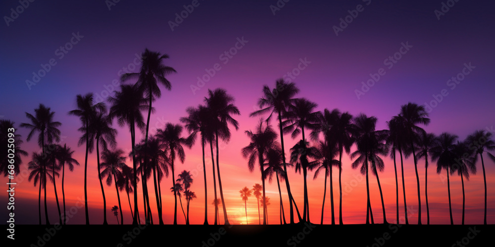 Fototapeta premium Tropical Twilight: Palms Silhouetted Against a Pink and Purple Evening Sky