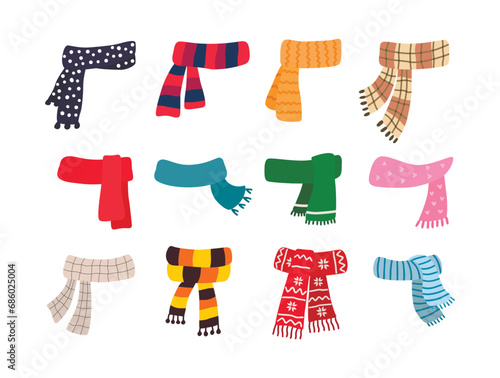 Set of scarves for boys and girls in cold weather. Stylish scarves on white background. Clothes for winter and autumn. Blue, red, green, yellow, brown, white and striped scarves.