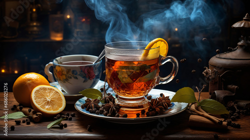 Cup of tea spices dry leaves