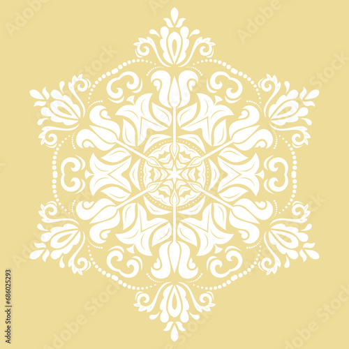 Oriental yellow and white round ornament with arabesques and floral elements. Traditional classic ornament. Vintage pattern with arabesques