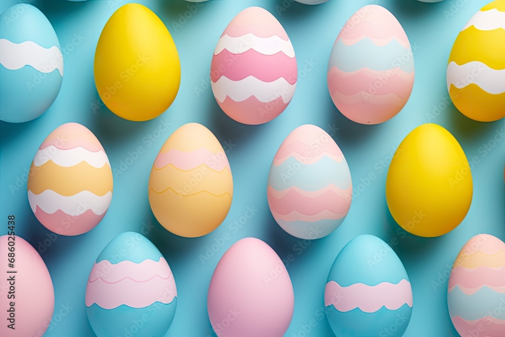 Easter Egg Array. Vibrant Eggs Arranged Around Blue Background.