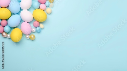 Colorful Eggs on Pastel Blue Background - Top View
