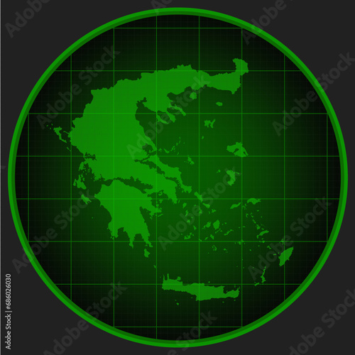 Vector map Greece on the radar screen