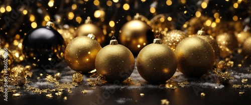 christmas and new year banner with black and golden decorations on dark background