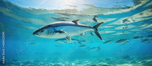 Mackerel fish swim in shallow water on sunny day in Red sea. photo