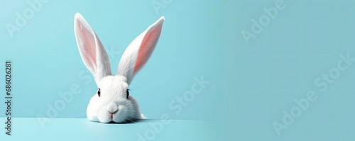 Easter Elegance. White Rabbit Ear on Pastel Blue Background, Happy Easter Day.
