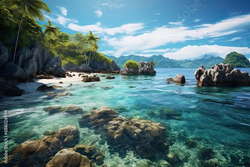 Tropical beach with white sand and clear turquoise ocean. Generative AI Art. Beautiful view.